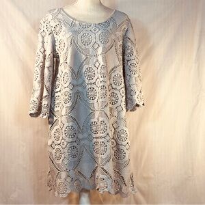Pretty Angel Dress Light Blue Embroidered Lace Overlay A Line 3/4 Bell Sleeves M